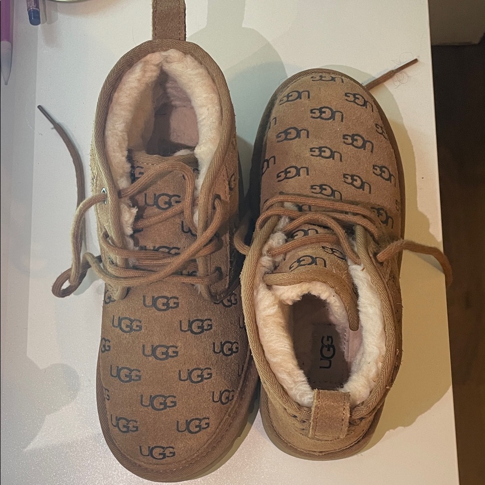 UGG Womens Brown All over Logo Lace-Up Suede Boots